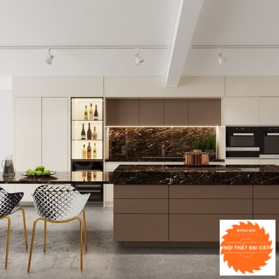 Tủ bếp thiết kế xen kẽ 2 màu trắng - nâu TB0087