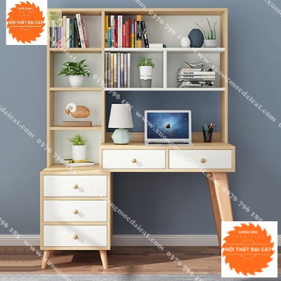 Bàn học gỗ thiết kế liền giá sách BH048