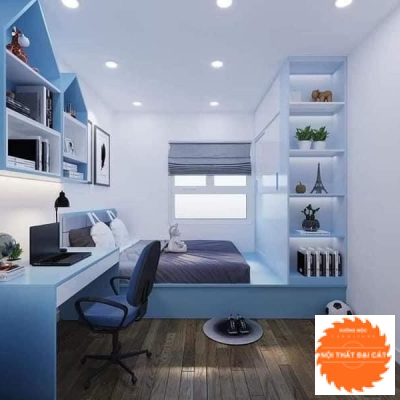 Giường ngủ kết hợp tủ áo quần tone xanh cho bé 