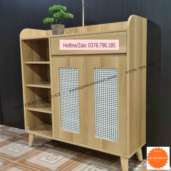 Tủ Giày Gỗ MDF Có Cửa Lưới Mây 2 Cánh & Kệ Trang Trí TGM027