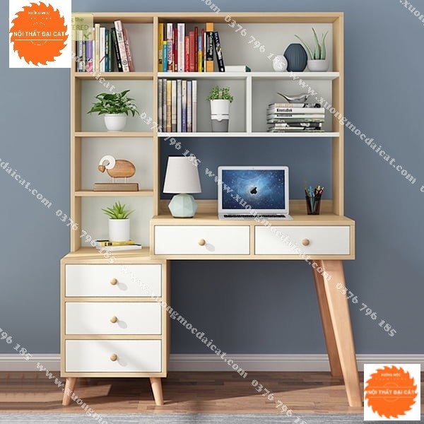Bàn học gỗ thiết kế liền giá sách BH048