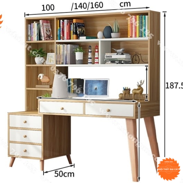 Bàn học gỗ thiết kế liền giá sách BH048