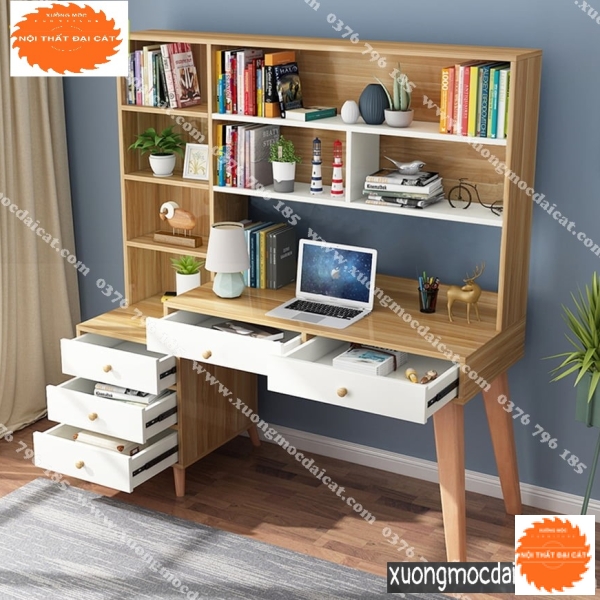 Bàn học gỗ thiết kế liền giá sách BH048