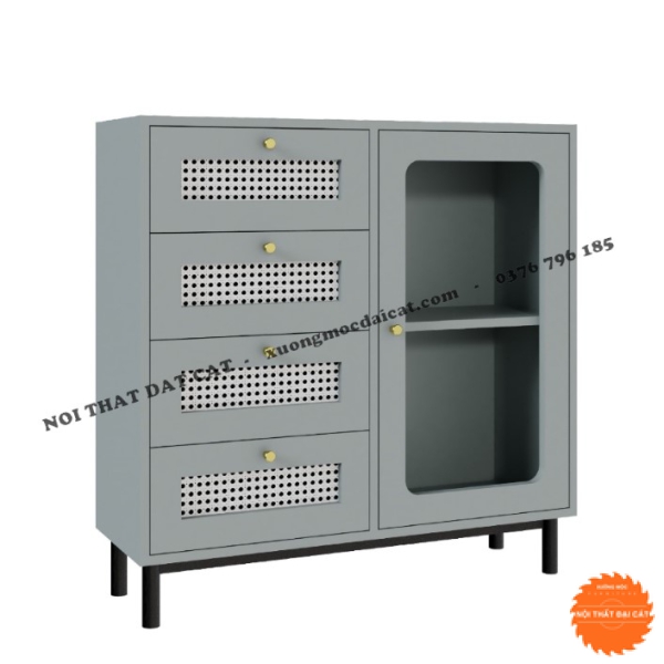 Tủ gỗ mây trưng bày, trang trí kết hợp kính TGM015