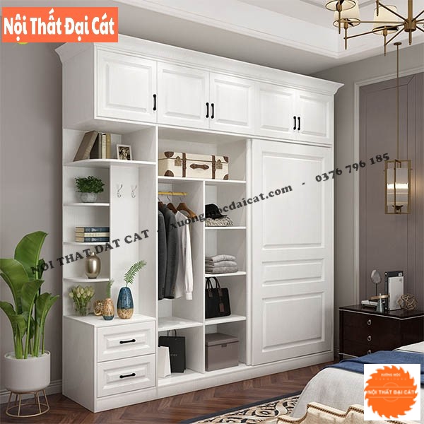 Tủ áo quần cửa lùa tone trắng cổ điển TA187