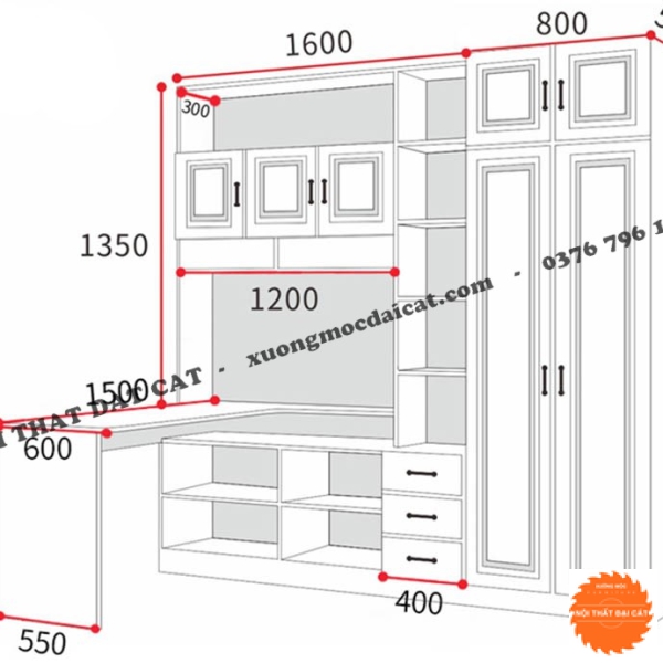 Tủ áo quần kết hợp bàn làm việc kệ sách TA189