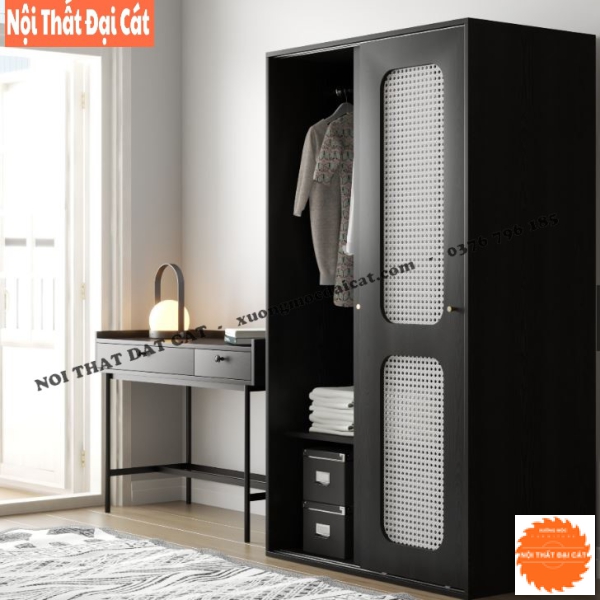 Tủ áo quần cánh trượt gỗ kết hợp mây TA438