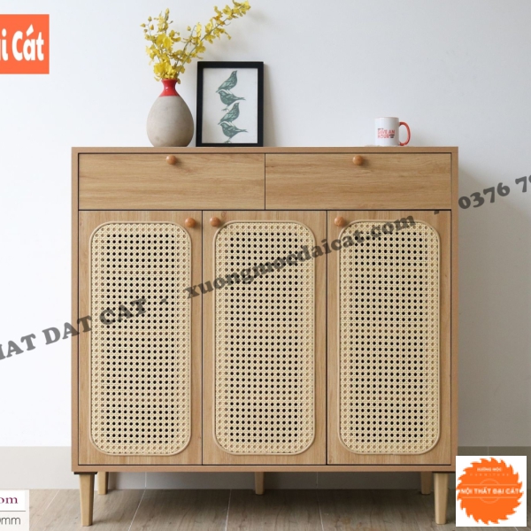Tủ gỗ lộng mây trưng bày đồ vật TGM020