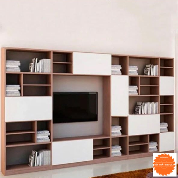 Kệ tivi ốp vách thiết kế kết hợp kệ sách KTV038