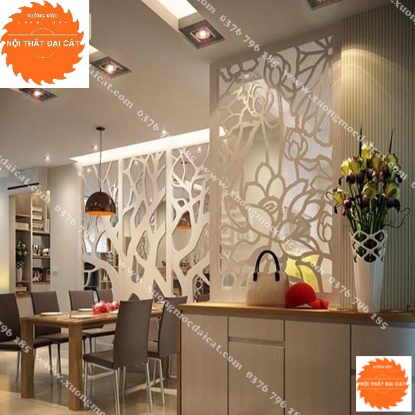 Vách ngăn gỗ họa tiết hình hoa kèm tủ giày VN071
