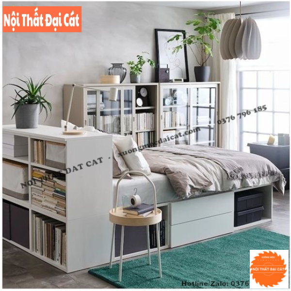 Giường ngủ thiết kế kèm kệ để sách G113