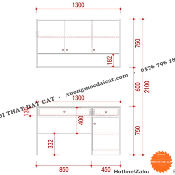 Bàn học nhỏ gọn kèm kệ sách treo tường BH069