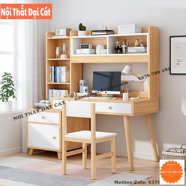 Bàn học gỗ công nghiệp kèm giá sách BH074