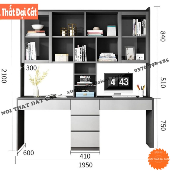 Bàn học kệ sách tone xám đen đẹp BH078