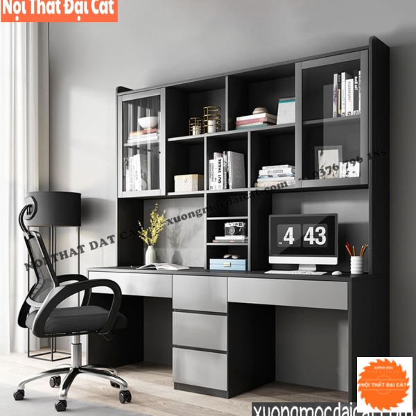 Bàn học kệ sách tone xám đen đẹp BH078