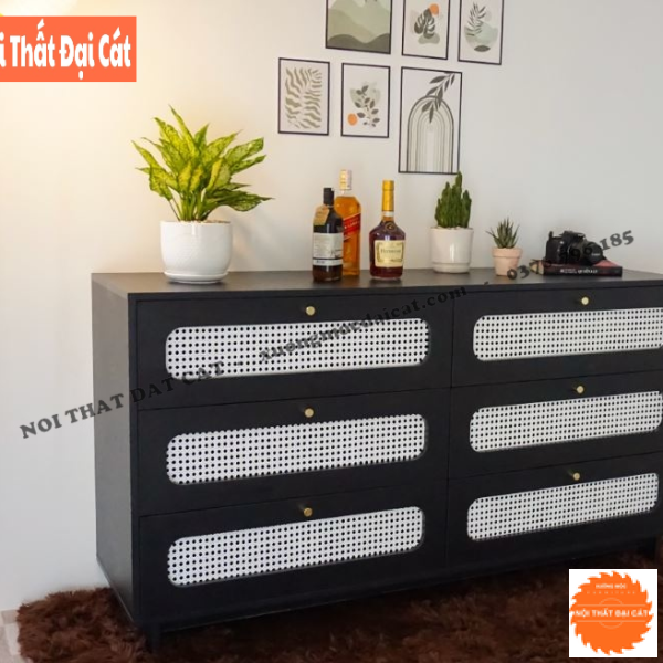 Tủ đựng đồ gỗ kết hợp mây hiện đại TĐ074