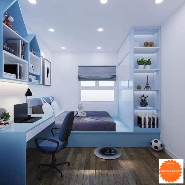 Giường ngủ kết hợp tủ áo quần tone xanh cho bé 